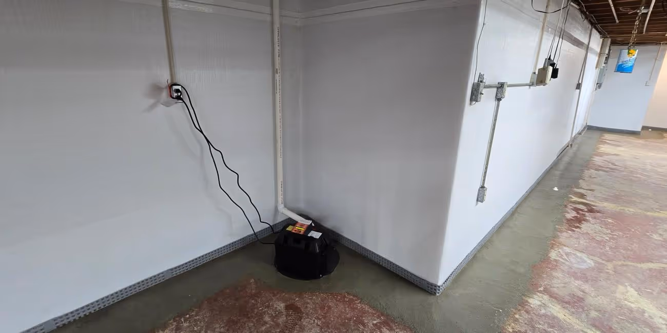 Wide view of waterproofed basement with sealed walls