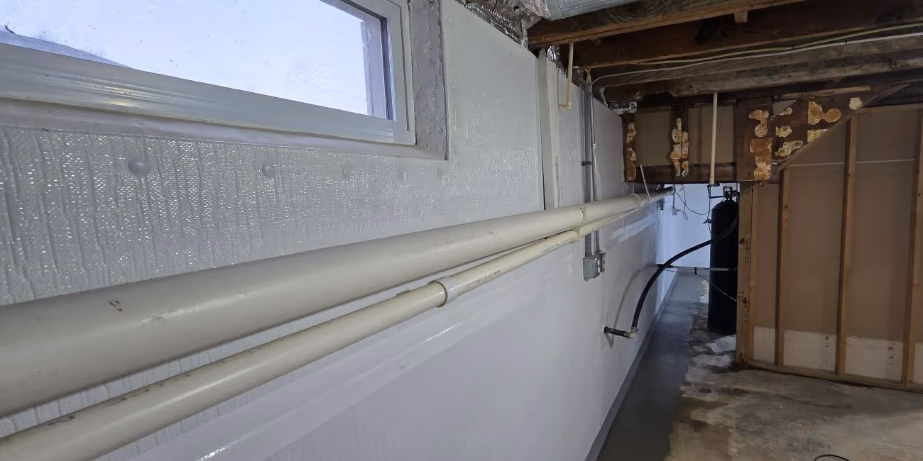 Basement with wall anchors and waterproofing system